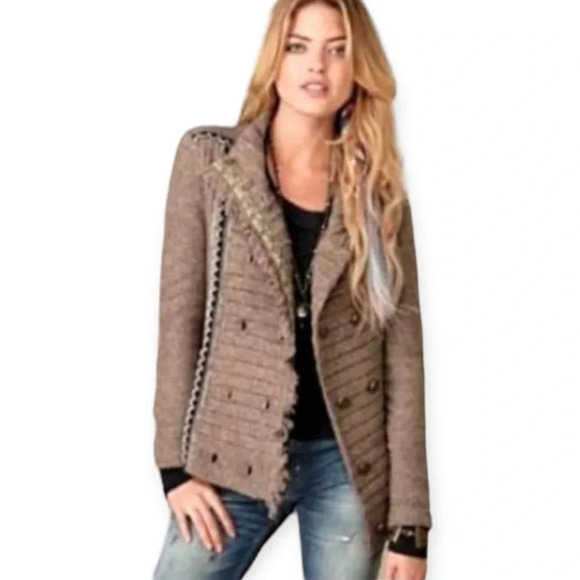 Free People Chenille Knit Double Breasted Cardigan Cuddle Bear Admiral Tan Small - Picture 16 of 16